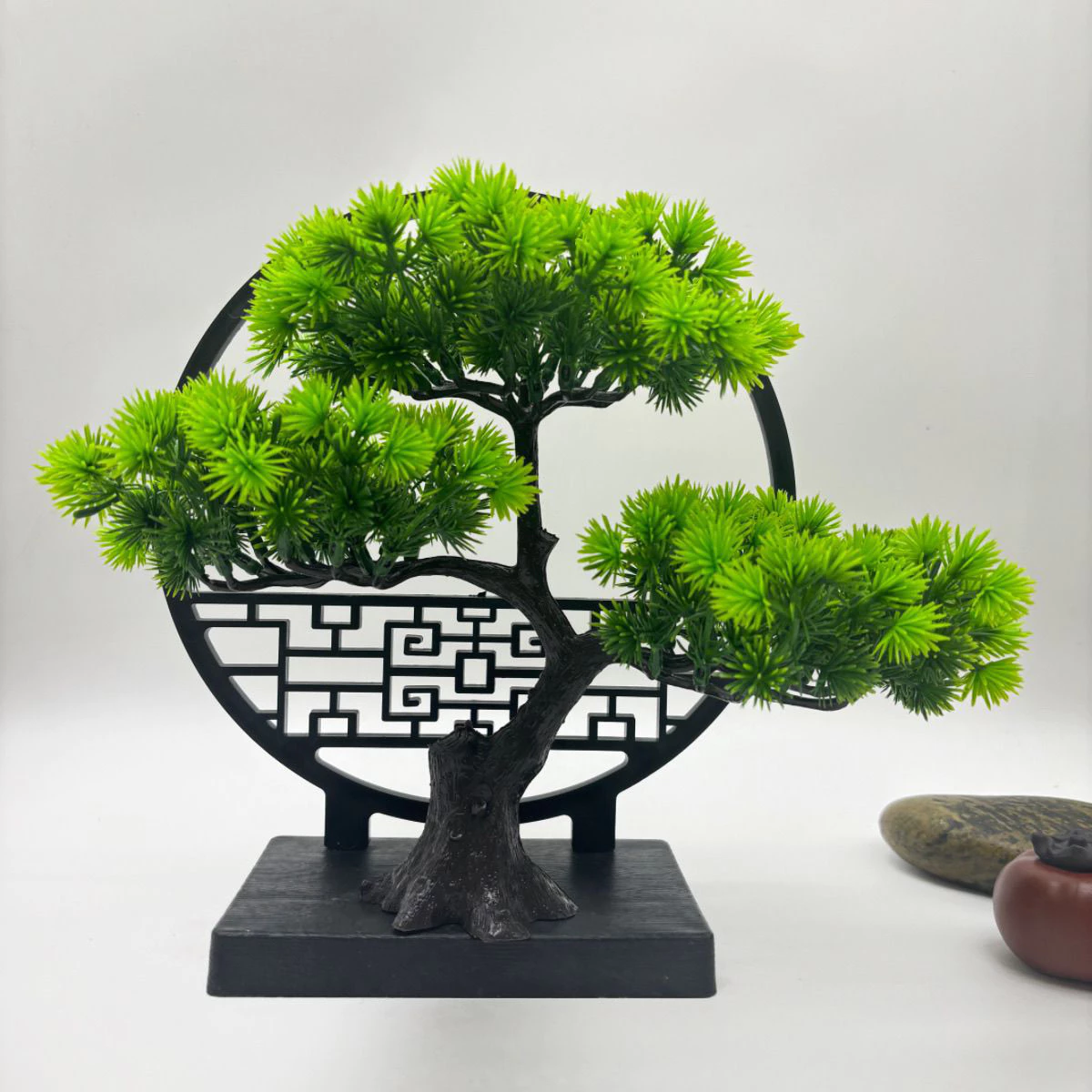 中式迎客松仿真盆景装饰品创意禅意屏风古典摆件